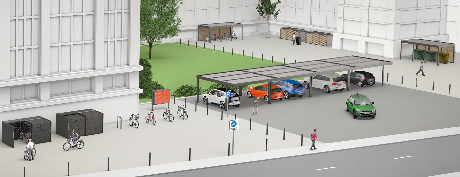 Einsatz von Überdachungen für Autos, Fahrräder oder Mülltonnen, Illustration in Vogelperspektive