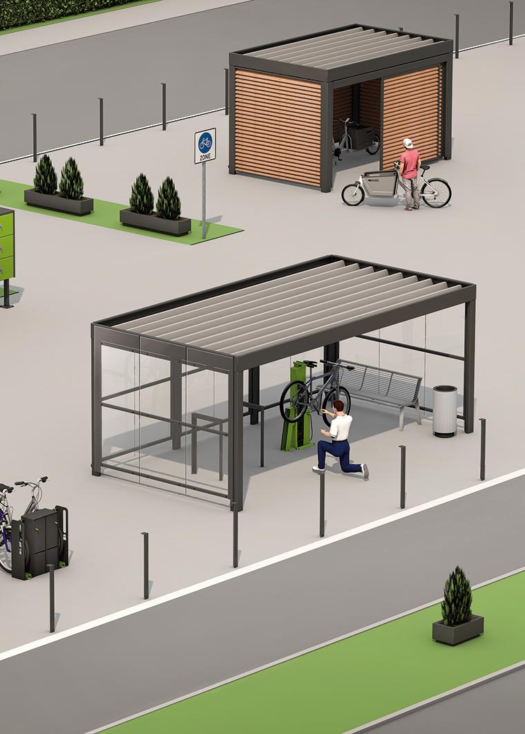 Zwei überdachte Fahrradabstellplätze mit Sitzbank, Fahrradpumpe und Personen, eine Person repariert ein Fahrrad, eine weitere steht neben einem Lastenrad