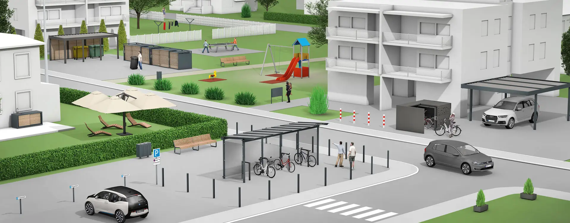 Beispielgestaltung Wohngebiet, mit Parkplätzen, Überdachungen, Spielplatz