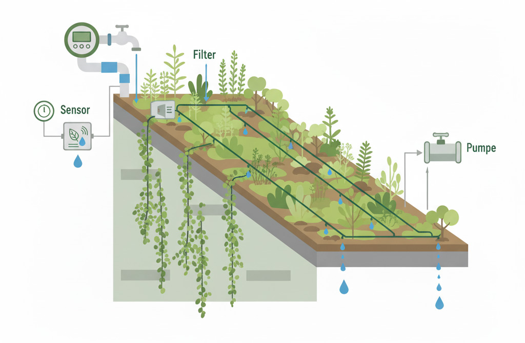 Automatisierte Tropfbewässerung für Dachgärten und Fassaden