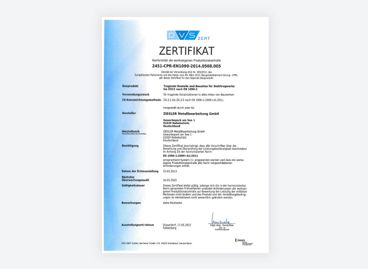 Zertifikat für Konformität der werkseigenen Produktion