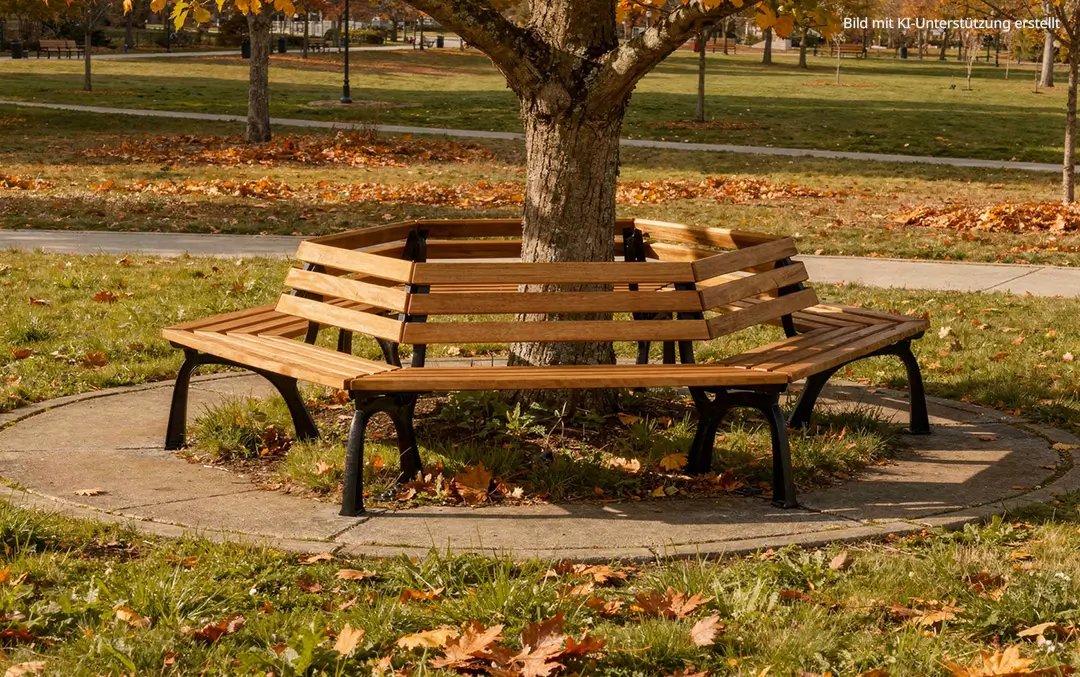 Sechseckige Rundbank aus Holz mit schwarzem Metallgestell um einen Baum auf einer Rasenfläche mit Herbstlaub.
