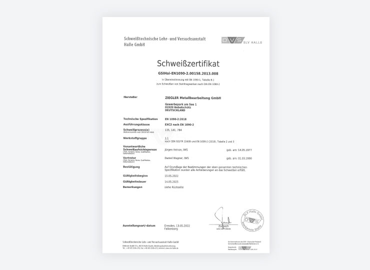 Zertifikat für Schweißarbeiten