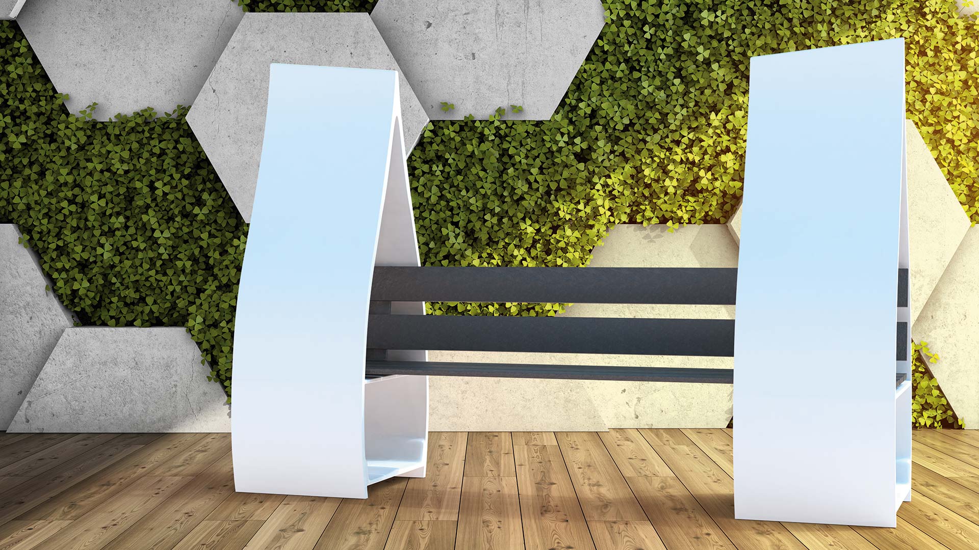 Sitzbank aus upgecyceltem Material auf einem Holzboden