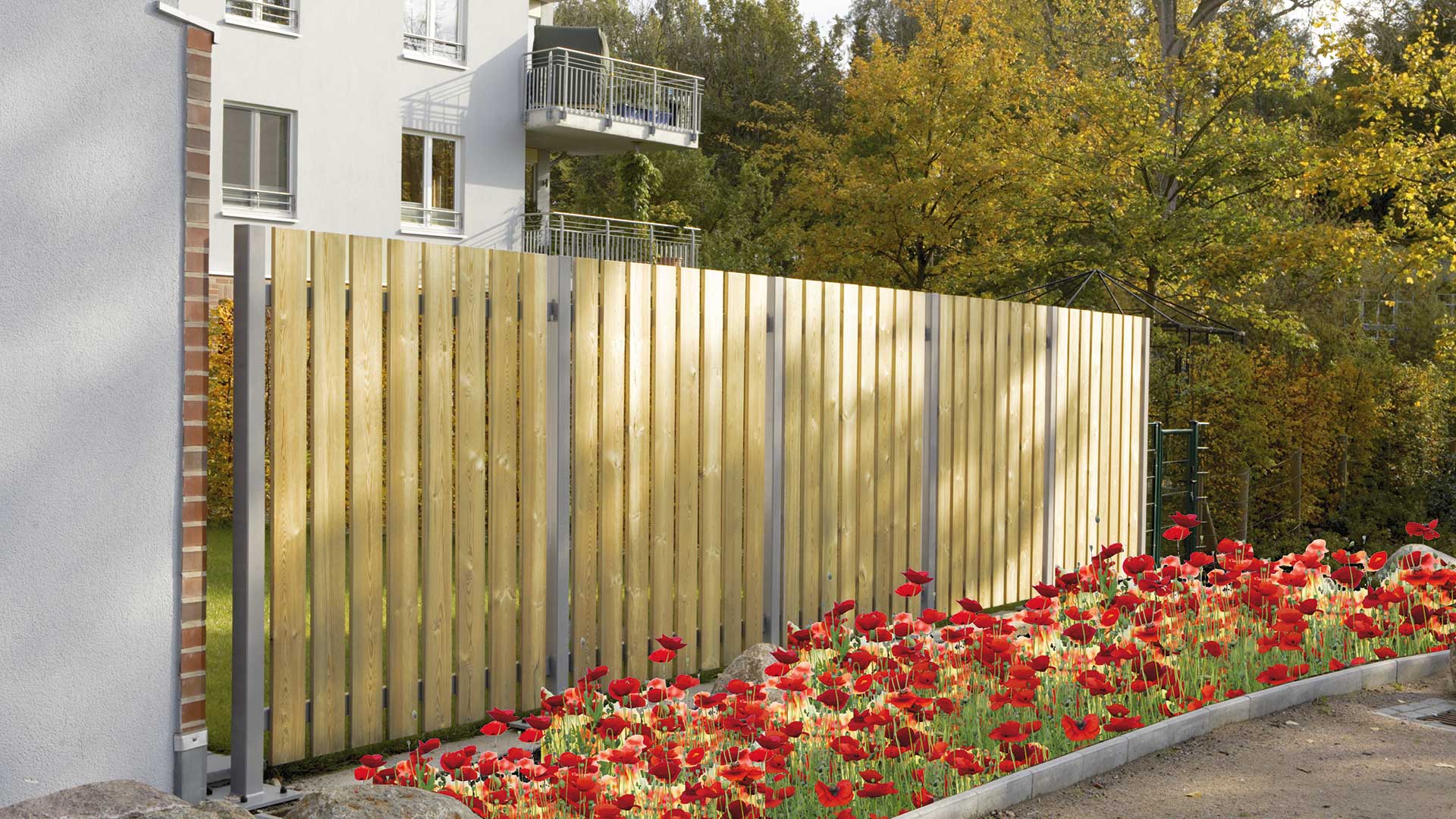 Sichtschutzwand Muro mit Beet von Mohnblumen