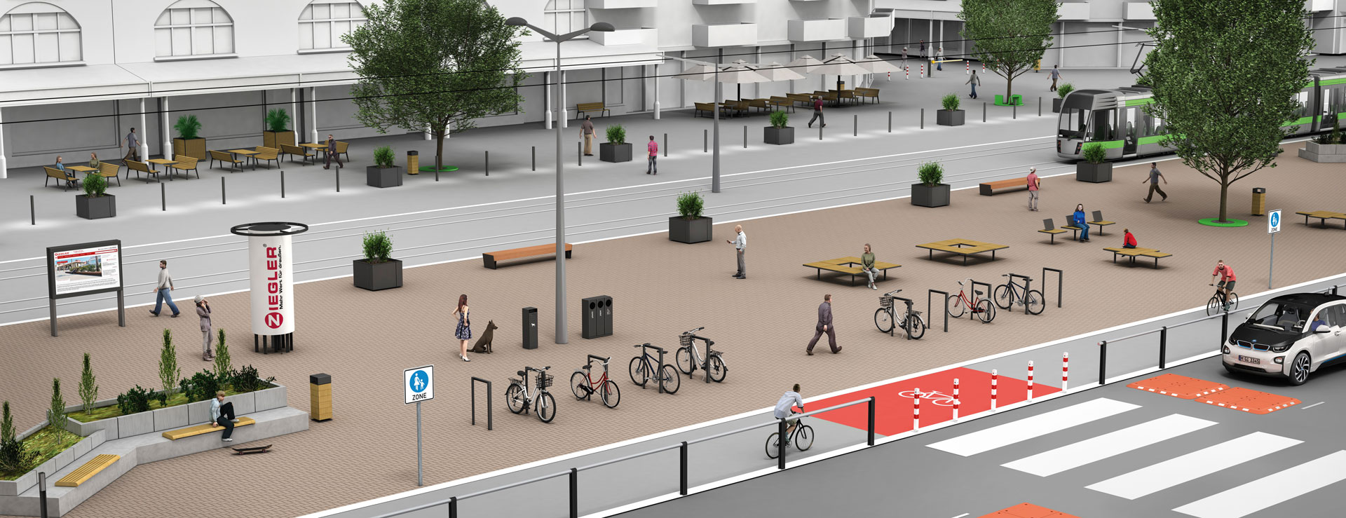Illustration in Vogelperspektive, Beispiel öffentlicher Platz mit u.a. Sitzbänken, Pflanzenbehältern, Fahrradanlehnbügeln