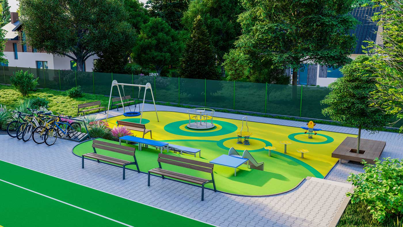 Vielseitiger Spielplatz aus Vogelperspektive mit Sitzmöglichkeiten an jedem Bereich
