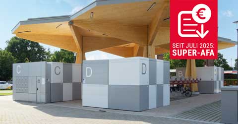 FULLERTON-E mit Schließfachanlage SECURE und Doppelstock-Fahrradparksystem EASYLIFT