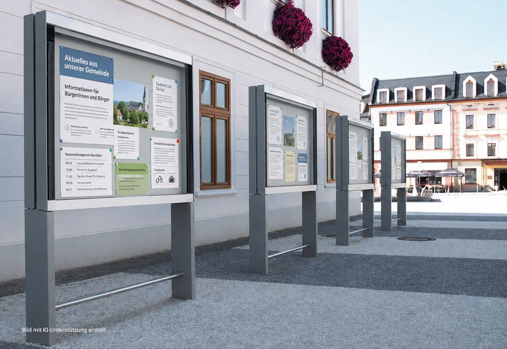 Eine Reihe an Schaukästen stehen in einer Altstadt
