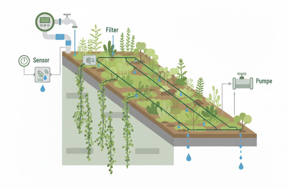 Automatisierte Tropfbewässerung für Dachgärten und Fassaden