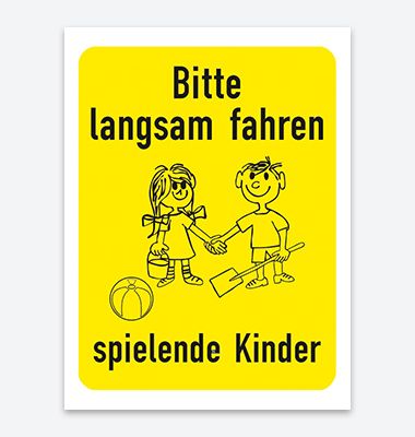 Hinweisschild "Bitte langsam fahren" für öffentliche Spielflächen