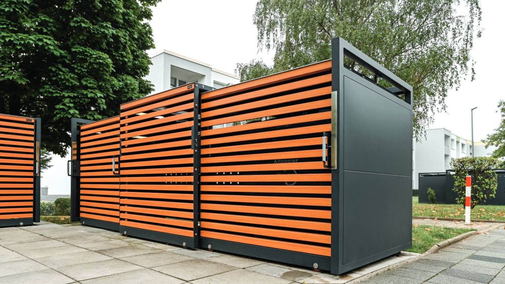 Mülltonnenbox aus Metall mit Holzoptik