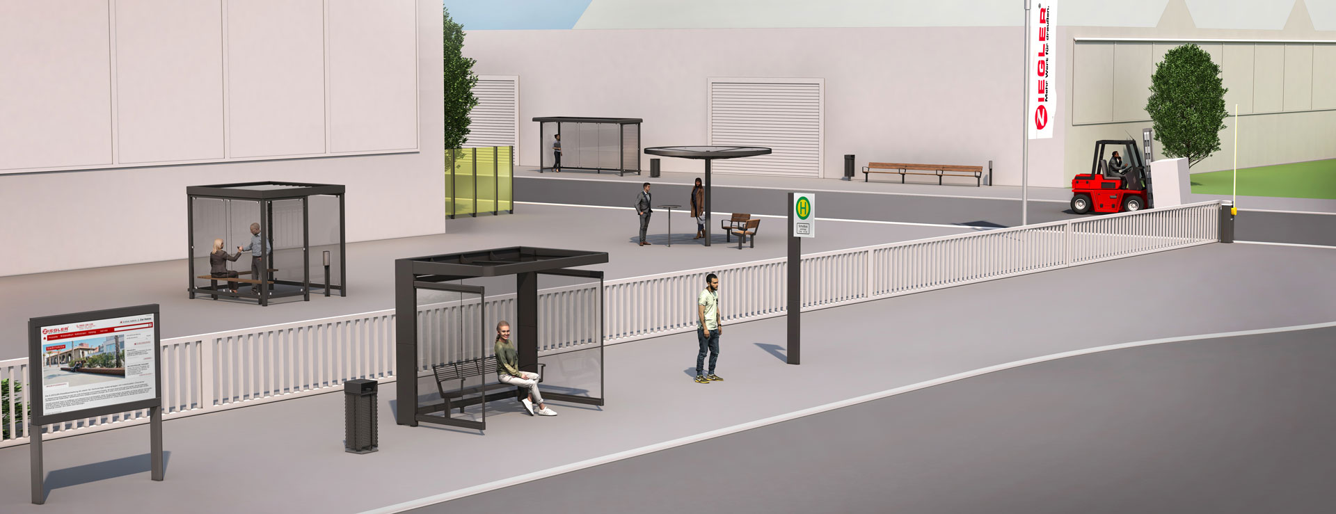 Illustration in Vogelperspektive, unterschiedliche Unterstände auf einem Unternehmensgelände